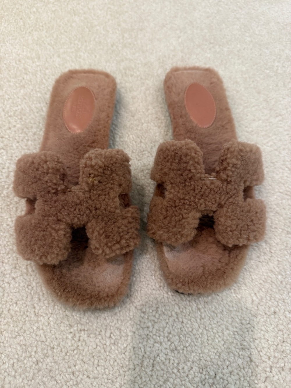 Hermes Teddy Fur Brown Shearling Oran Sandals